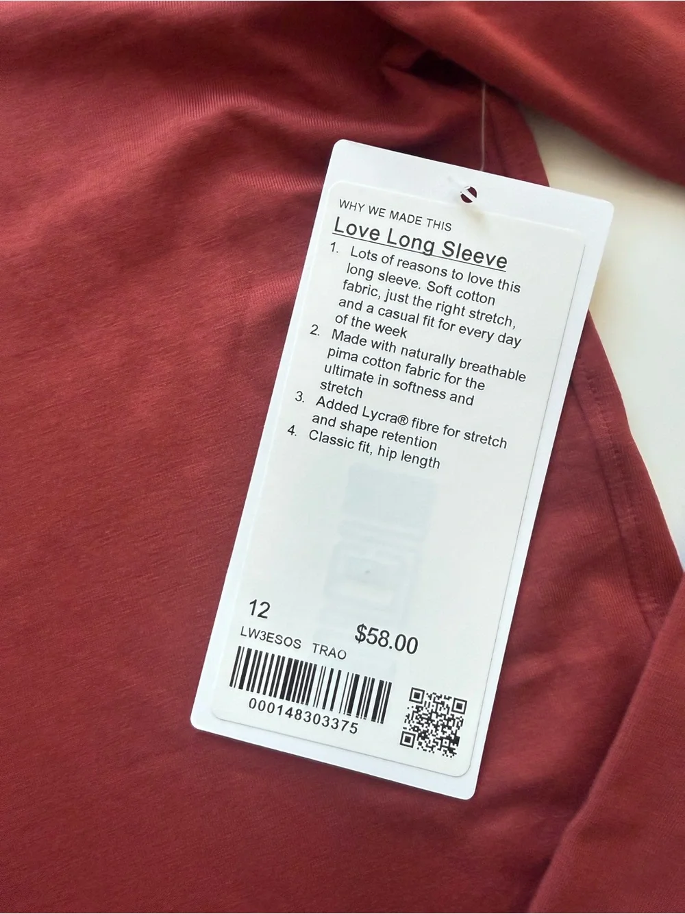NWT lululemon Love Long Sleeve Tee - Terra Orange Size 12